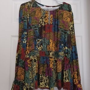 Cupio Womens Size XL Multi Floral Keyhole Ruffle peplum Long sleeve Fall top